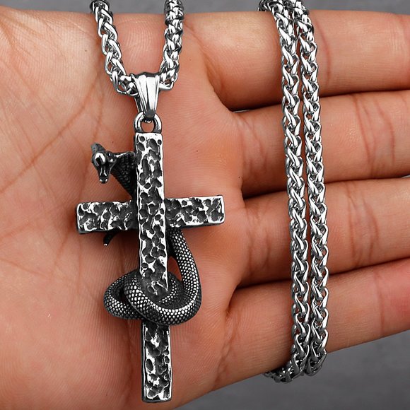 Gravestone Snake Cross Religious Unisex Pendant Necklace, GP1231033 - Picture 4 of 7